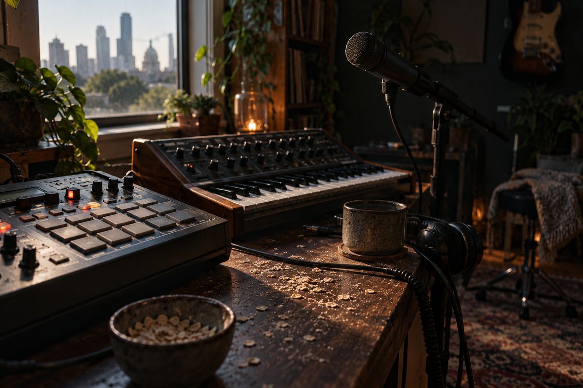 A drum machine, synthesizer, and vocal microphone in a dark room