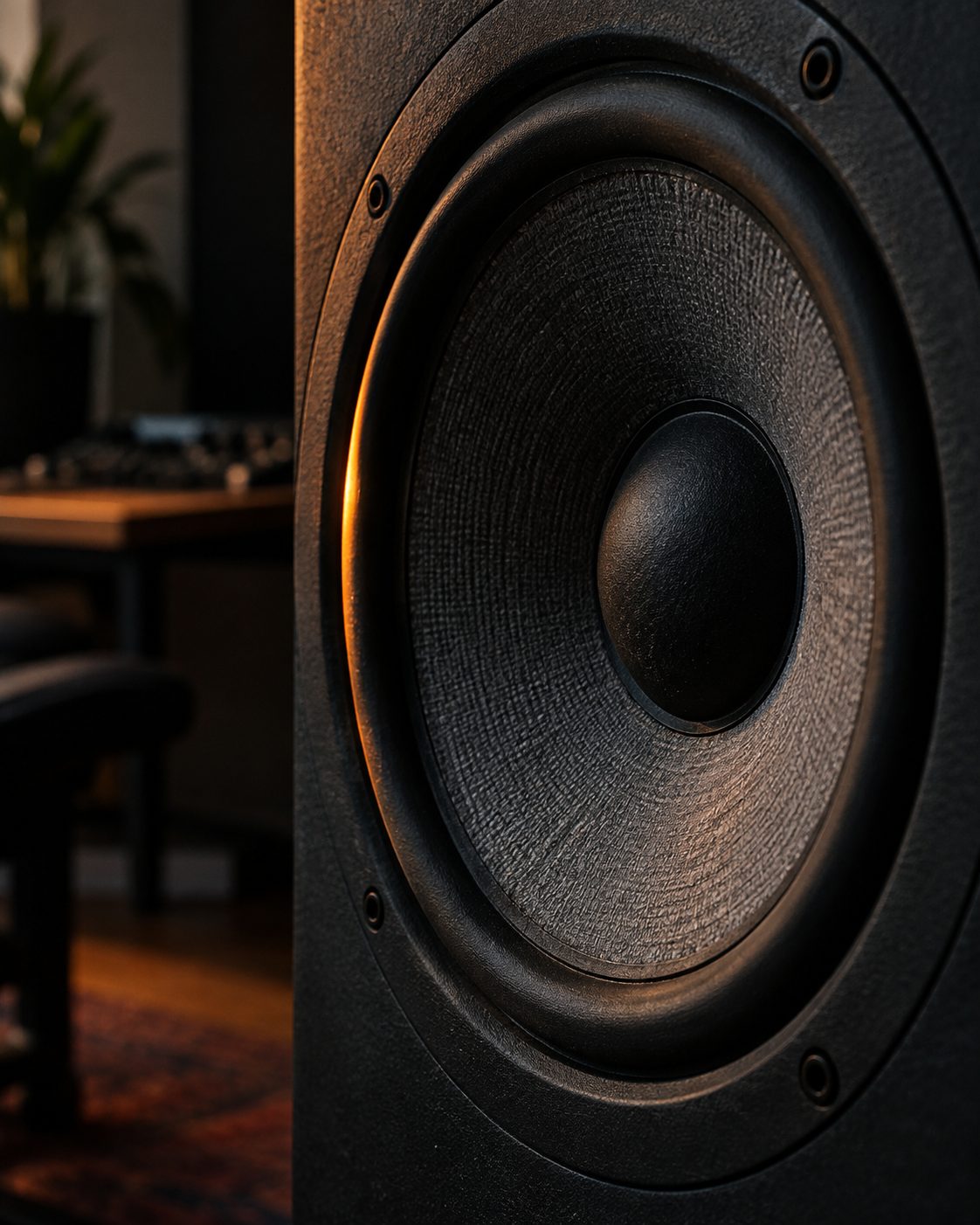 A studio speaker cone in orange side light