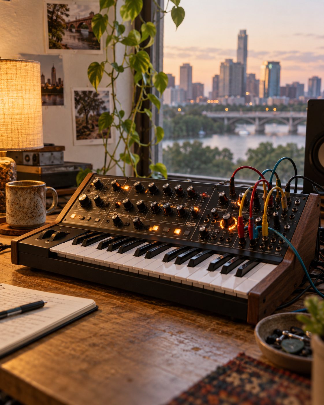 A compact synthesizer with glowing controls and patch cables